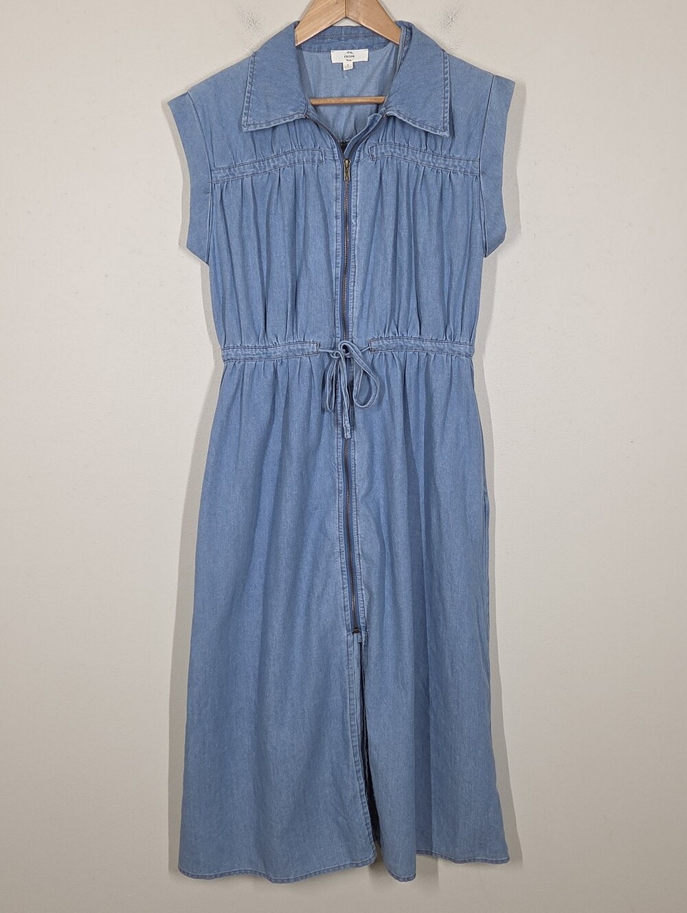 Entro Light Denim Zipper Cap Sleeve Midi Dress S Front Slit Boho Preppy Minimal